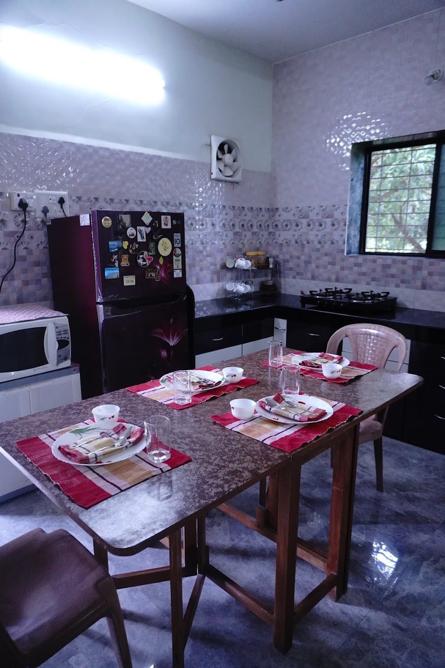 Dining table set for a meal